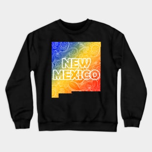 Colorful mandala art map of New Mexico with text in blue, yellow, and red Crewneck Sweatshirt